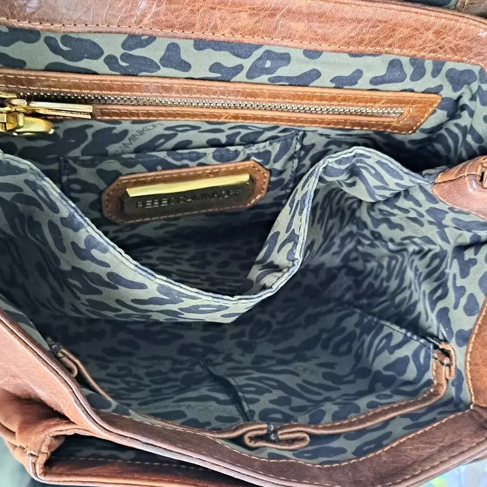 Rebecca Minkoff Covet Satchel Bag Brown Glazed Leather Turnlock Leopard Hobo